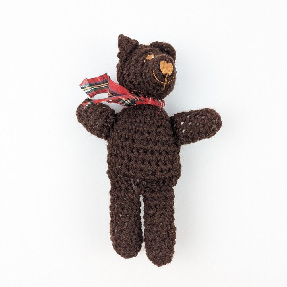 Crochet Knitted Brown Teddy Bear With Ribbon-Embroidered Details, Very Small